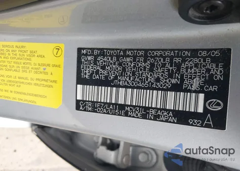 2006 Lexus Es 330 из США, поврежденный, VIN JTHBA30G465143029